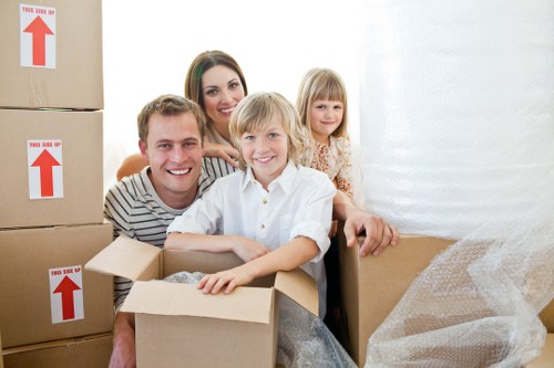 Packed office equipment and furniture ready for relocation in Greenwich